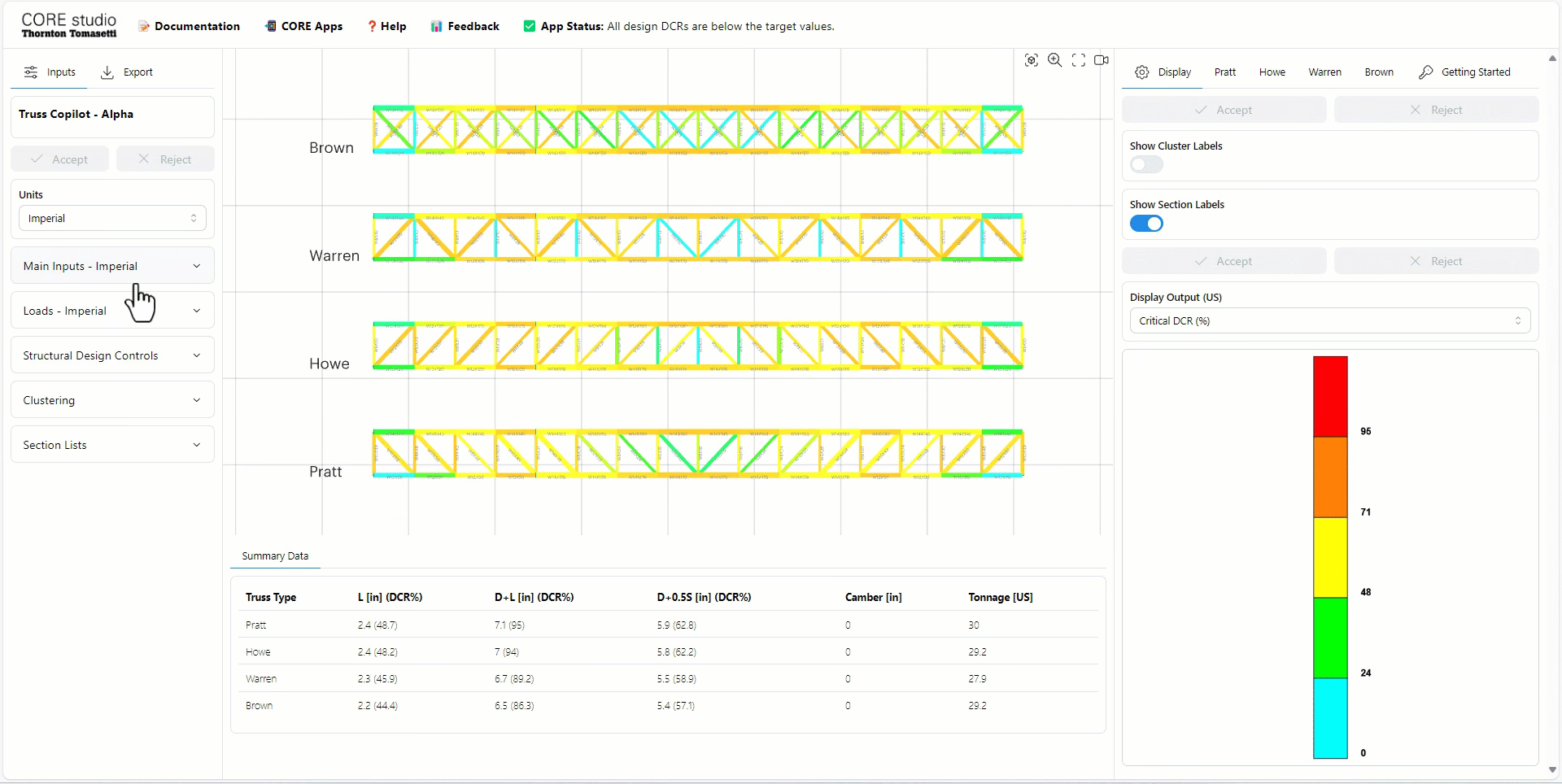 Truss Copilot: an engineer adjusts the span and other inputs in the side panel, and four truss types (Pratt, Howe, Warren, Brown) update side by side, colored by utilization, with a table of deflections and tonnage below.