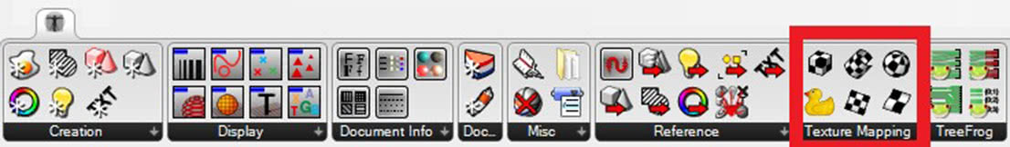 Toolbar with various icons for creation, display, and texture mapping, including a highlighted section with checkerboard and duck icons.
