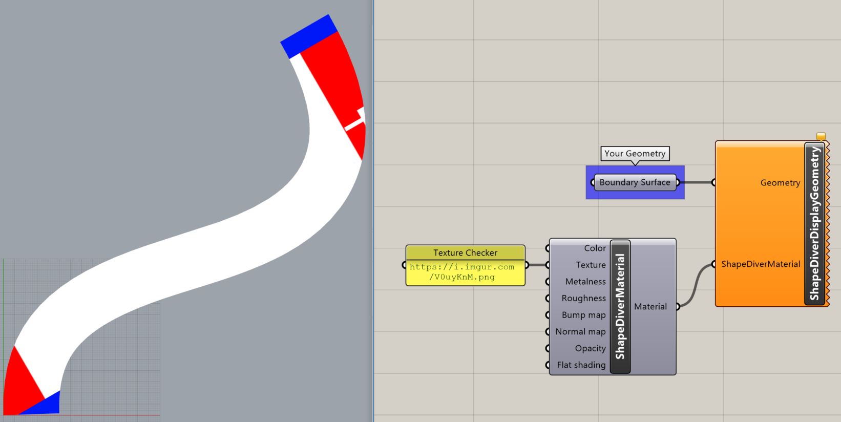A 3D modeling interface showing a curved red and white shape on the left and a node-based texture setup on the right.