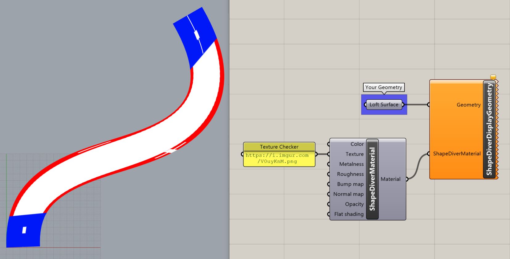 A digital 3D modeling interface showing a curved surface with color mapping and a node-based material editor on the right.