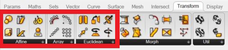 Toolbar interface with icons for different mathematical and transformation operations, including affine, array, and Euclidean options.