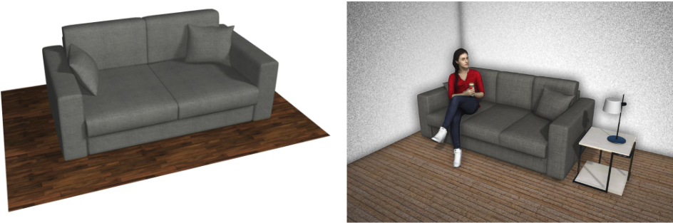 Gray sofa on a wooden floor; left image shows sofa alone, right image shows a person sitting on it with a side table and lamp.