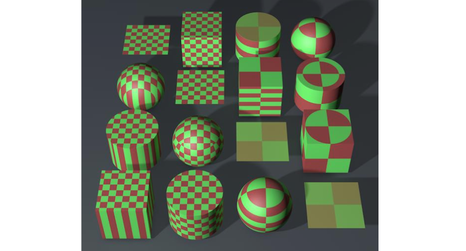 A grid of 16 shapes with red and green checkered and geometric patterns, including cubes, spheres, and cylinders, on a dark background.