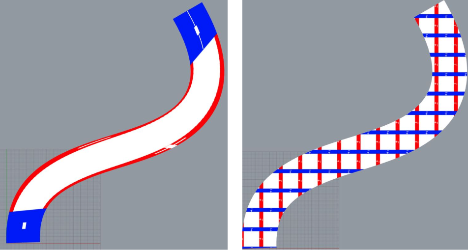 Two curved design patterns: left with a smooth red outline, right with a red and blue grid overlay, both on a gray background.